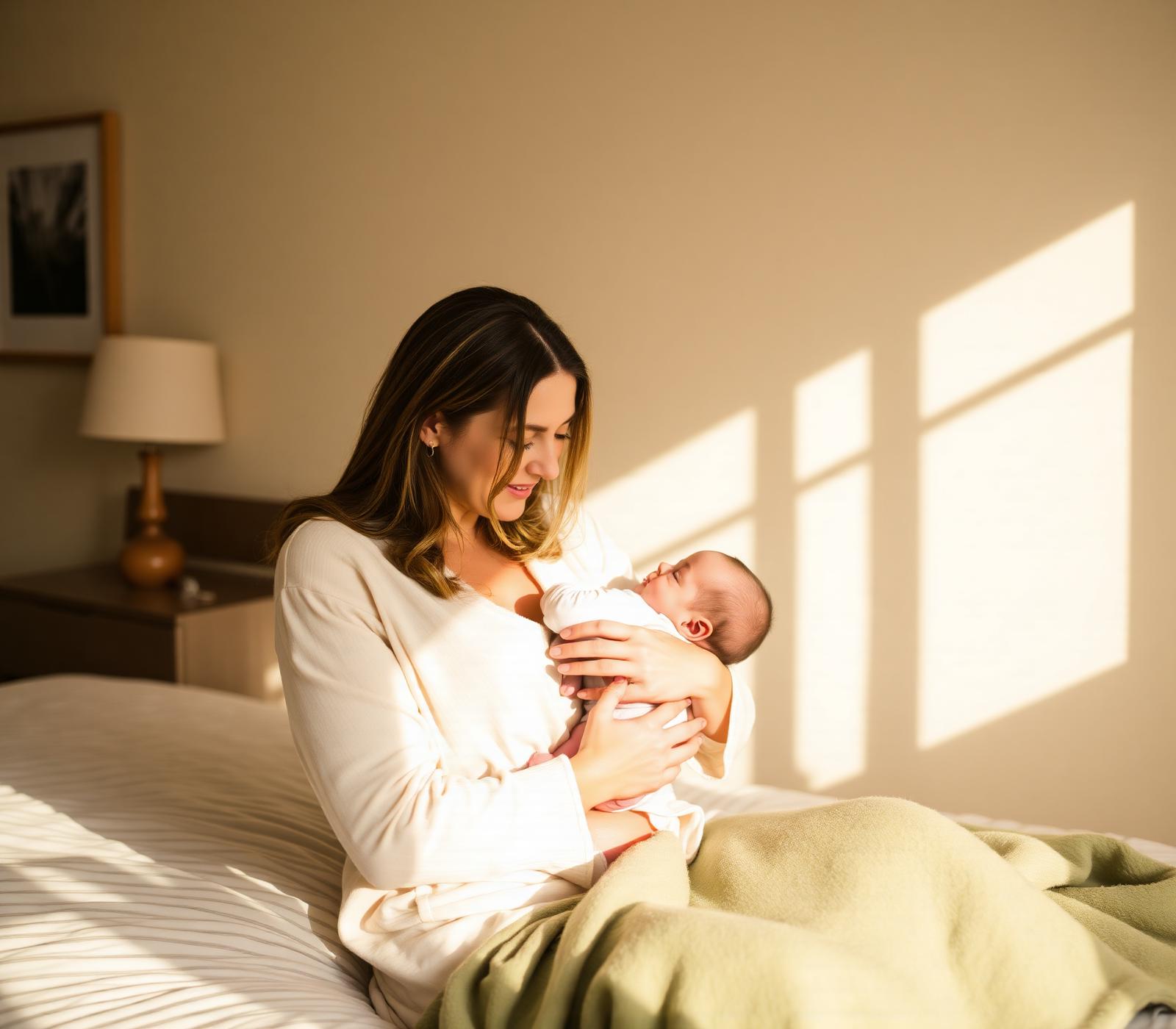 Mãe segurando seu bebê no colo, em um quarto iluminado pela luz da manhã