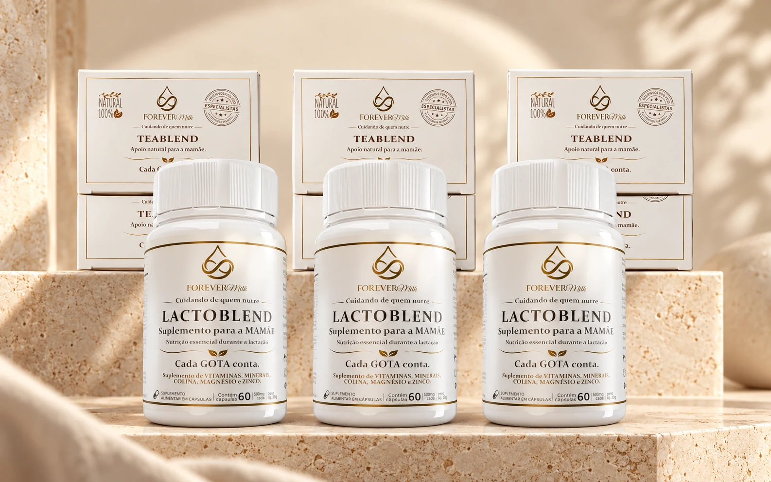 Kit de 90 dias com três frascos Lactoblend e seis caixas de chá TeaBlend em cenário premium de travertino