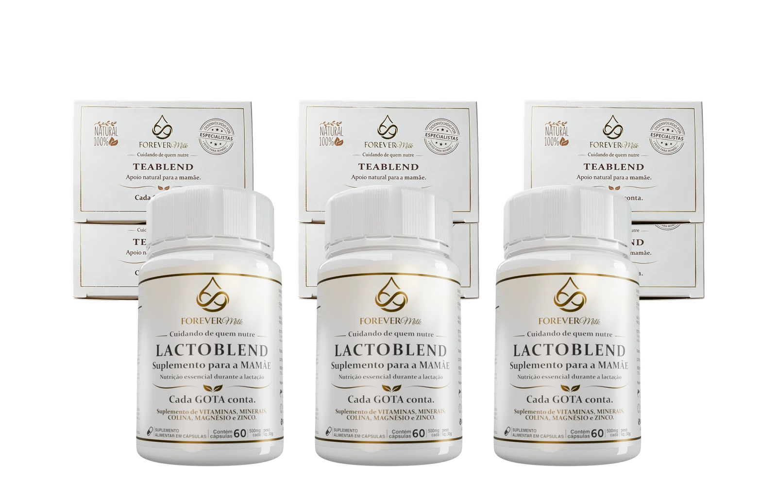 Kit de 3 meses: três frascos Lactoblend e seis caixas de chá TeaBlend