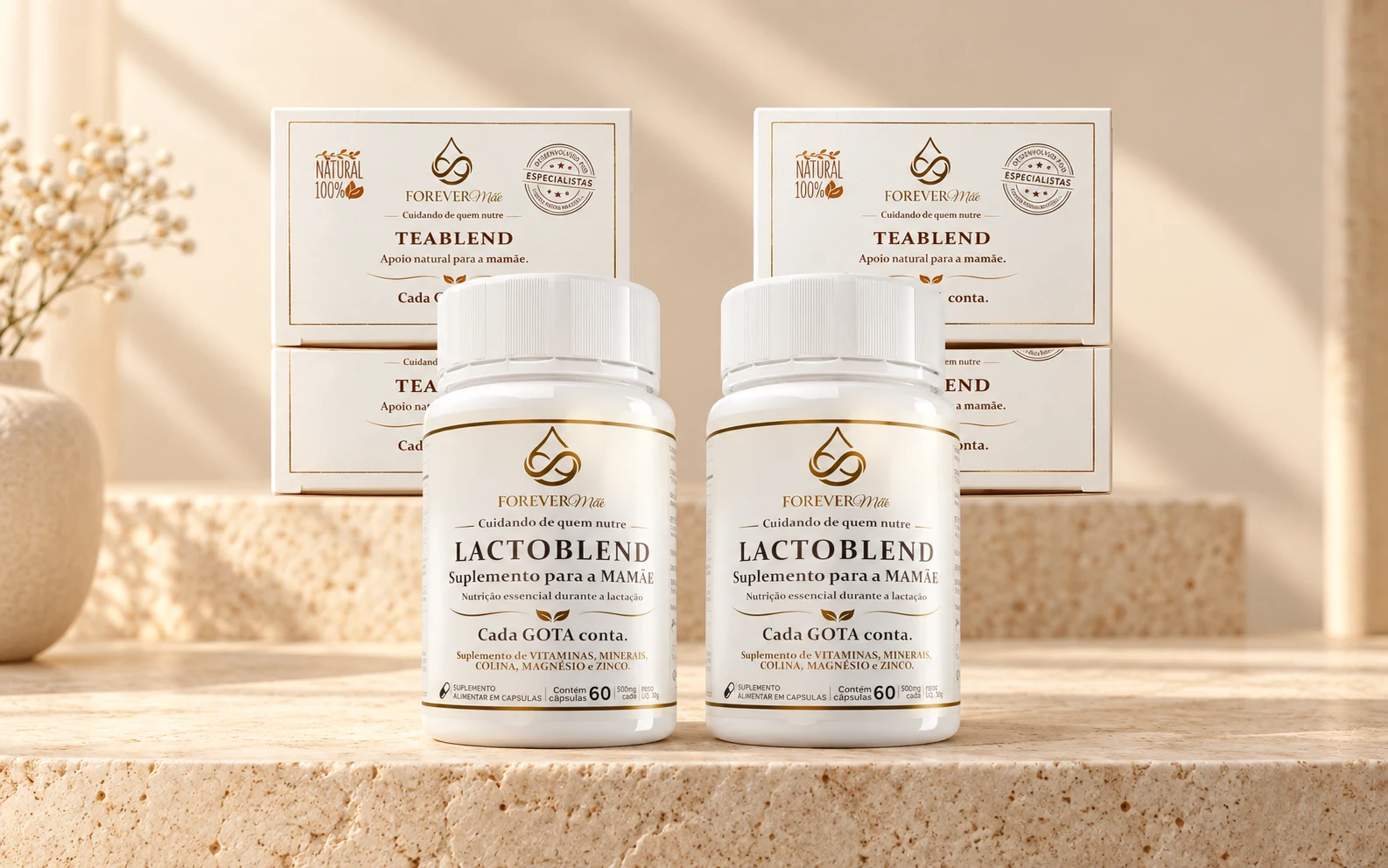 Kit de 60 dias com dois frascos Lactoblend e quatro caixas de chá TeaBlend em cenário premium de travertino