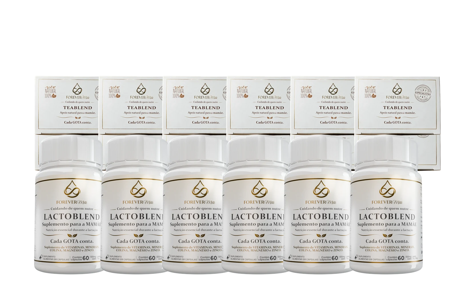 Kit de 6 meses: seis frascos Lactoblend e doze caixas de chá TeaBlend